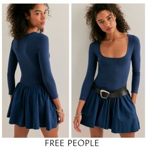 ♥️ FREE PEOPLE Onda Drop-Waist Long Sleeve Mini *Deep Sea Blue M Dress NWTS-$70